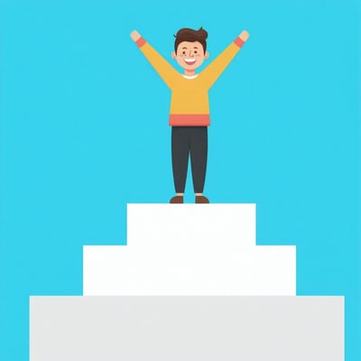 An a illustration of a happy person on the top step on a stair with three steps in total-1